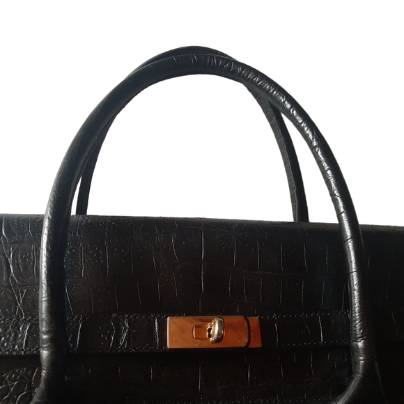 BOL-PERDIX Croc Embossed Leather Flap Front Large Satchel Black - Picture 9 of 12